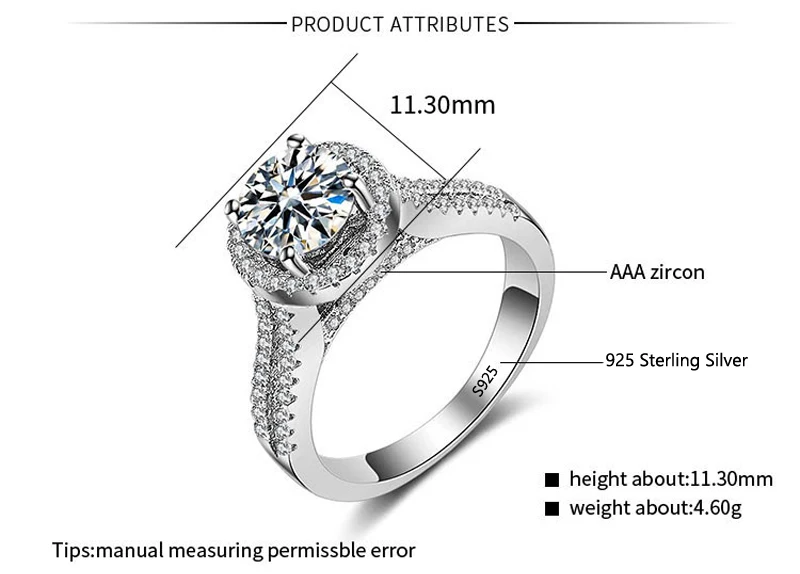 YINHED 2ct круглый, кубический цирконий кольцо для помолвки подлинное серебро 925 пробы Свадебные Кольца для женщин ювелирные украшения ZR533