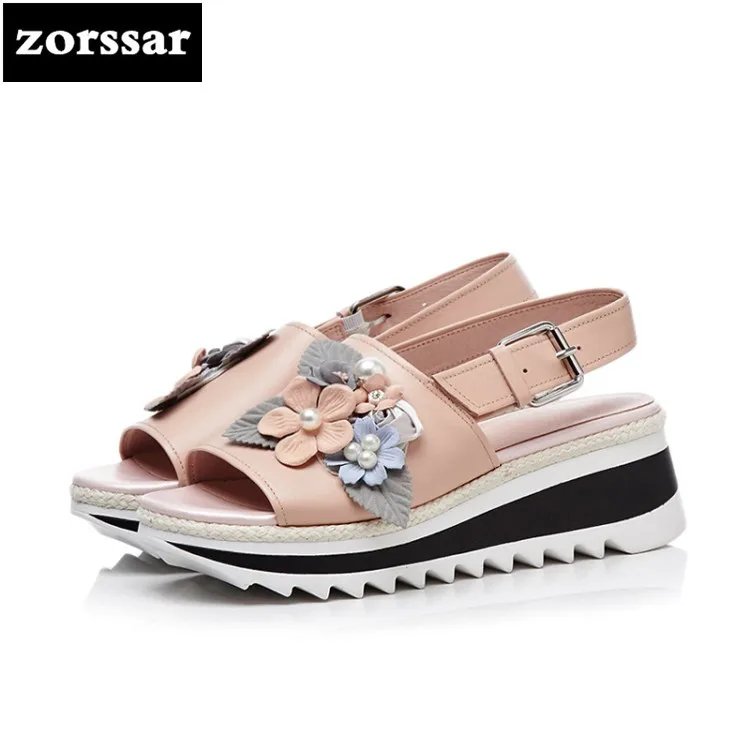 

{Zorssar} 2018 New Fashion flowers Genuine Leather Casual Women Wedges Sandals Summer Womens Shoes Open toe platform Sandals