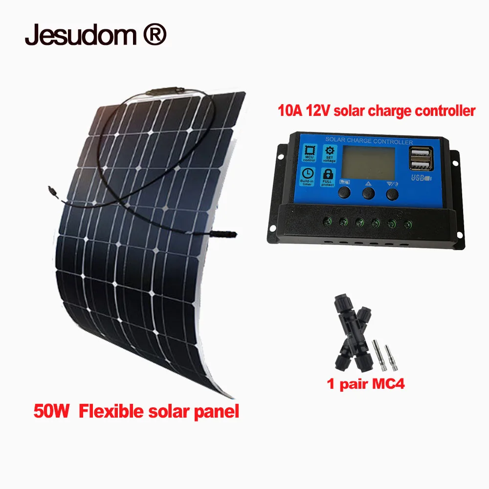 

Flexible Solar Panel 50W 18V with 12V 10A Solar Charge Controller for Solar System Kits