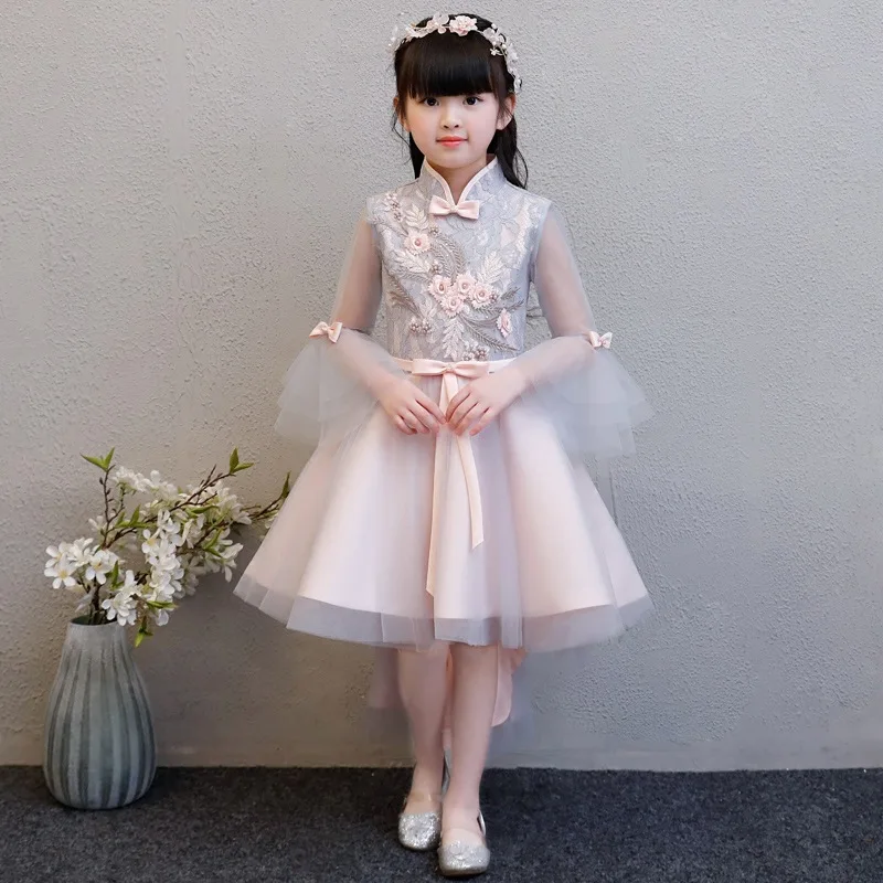 

Kids Evening Birthday Party Dress Children Girls Elegant Flowers Princess Bow Dress Lace Ball Gown Mesh Tailing Dress E93