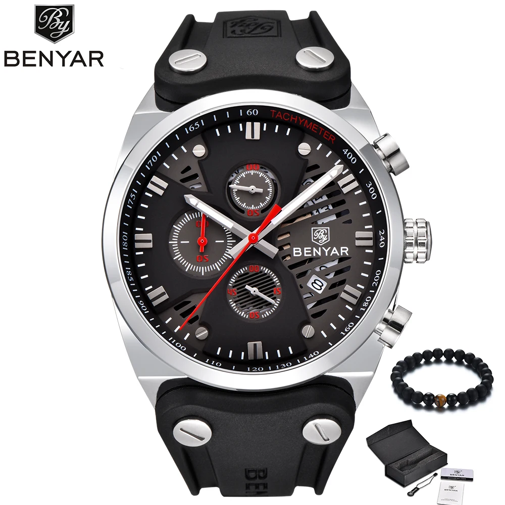 

BENYAR Top Brand Men Watch Black Leather Silicone Quartz Clock Men Military Watch Waterproof Sport Wrist Watch Relogio Masculino