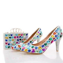 Handgemachte Bunte Kristall Hochzeit Schuhe Blau Strass Partei Prom Schuhe mit Passender Tasche Spitz Mittlere Ferse Brautschuhe