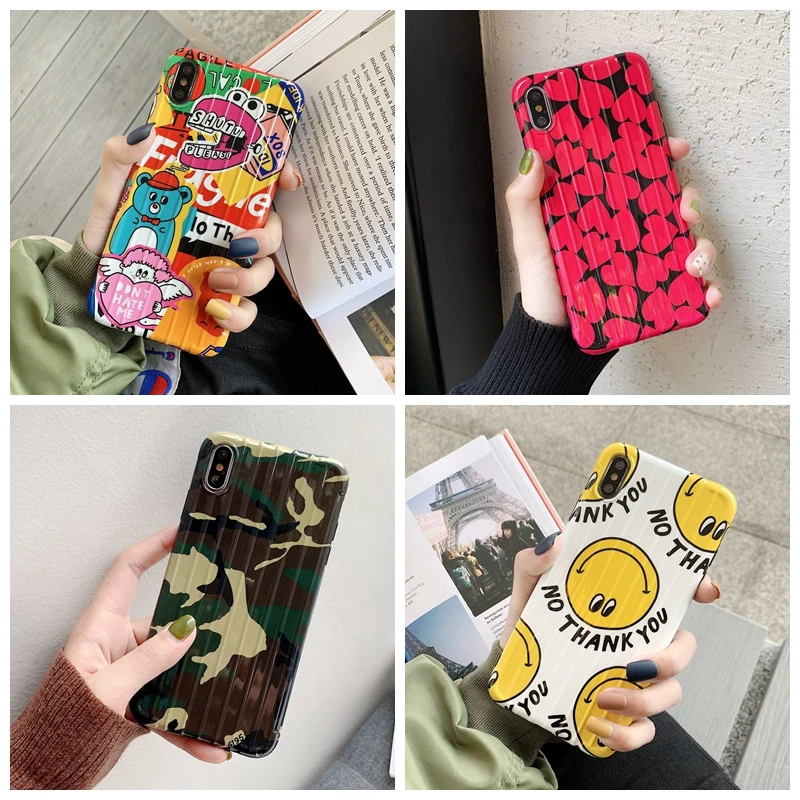 

For iPhone XS Max/XR Luggage Suitcase Case For iPhone 7 8 Plus X 6s 6Plus Love Heart Camouflage Graffiti Smile Soft Cover