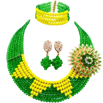

LAANC Brand Fantastic Free Shipping Green Opaque Yellow Women Crystal Beads Necklace Earrings Sets for Engagement 6C-SJ-10