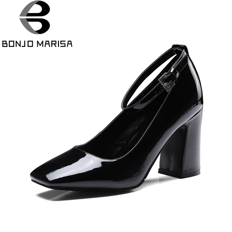

BONJOMARISA 2018 cow leather plus size 34-42 super high heels buckle strap women shoes Woman black pumps woman footwear