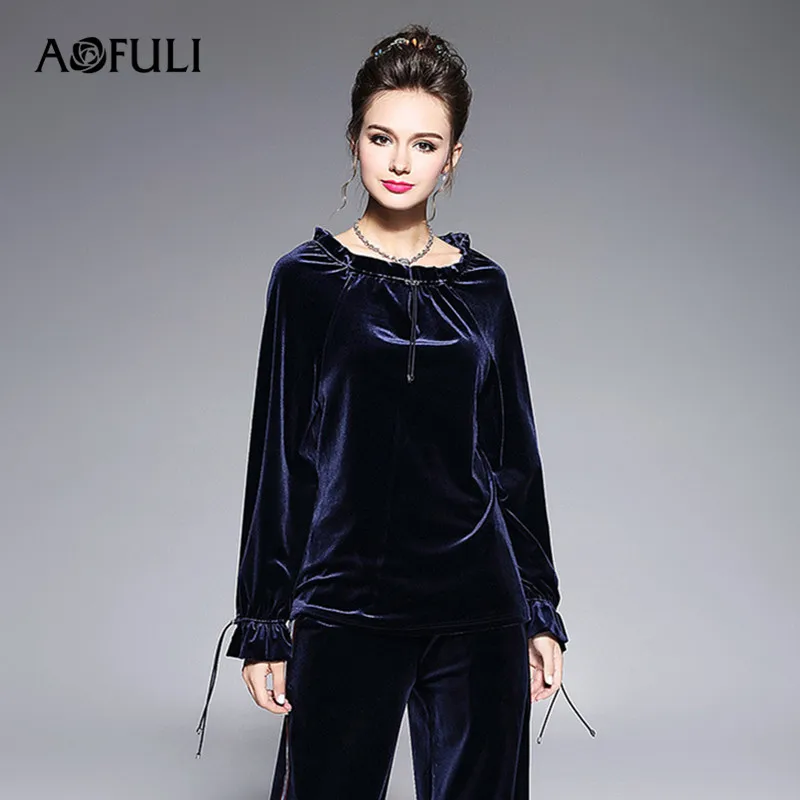 AOFULI L-3XL 4XL 5XL Плюс Размер Женская блузка 2017 Осень Королевский синий бархат блузки с