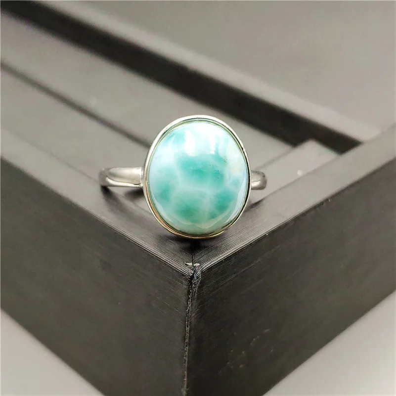Genuine Natural Larimar Gemstone Ring 14x13mm Stone Adjustable 925 Sterling Silver For Woman Man Fashion Wedding Engagement Ring
