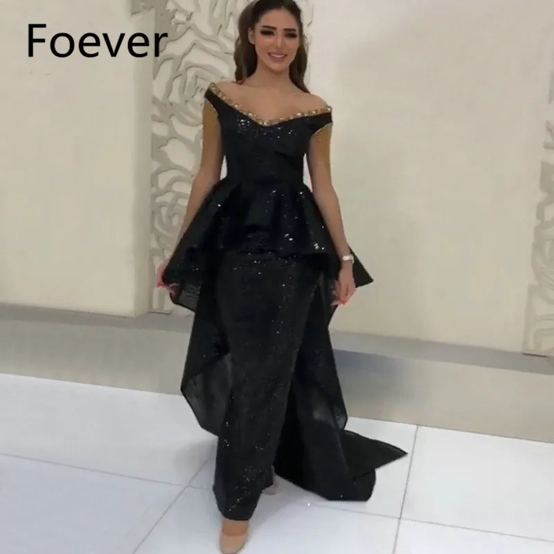 Сексуальная Асимметричный черный с открытыми плечами, вечернее платья 2019 Дубай Ddesign без рукавов Хрустальные Вечерние платья