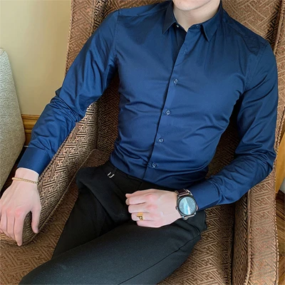 VISADA JAUNA брендовая мужская деловая рубашка с длинными рукавами, однотонная приталенная дизайнерская повседневная мужская рубашка большого размера 8XL N5072 - Цвет: Navy
