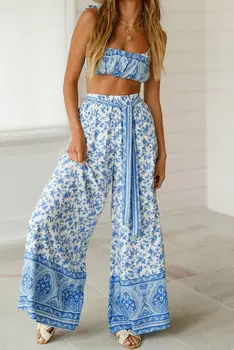 

arrival Women 2pcs Set Floral Crop Tops Camis + Long Loose Pants Two-piece Outfit Summer
