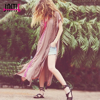 

Jastie Woven Poncho Kaftan Embroidery Women's Maxi Tunic Dress Fringe Trim chic Vestidos V-Neck Pullover Open Sides Sexy Dress
