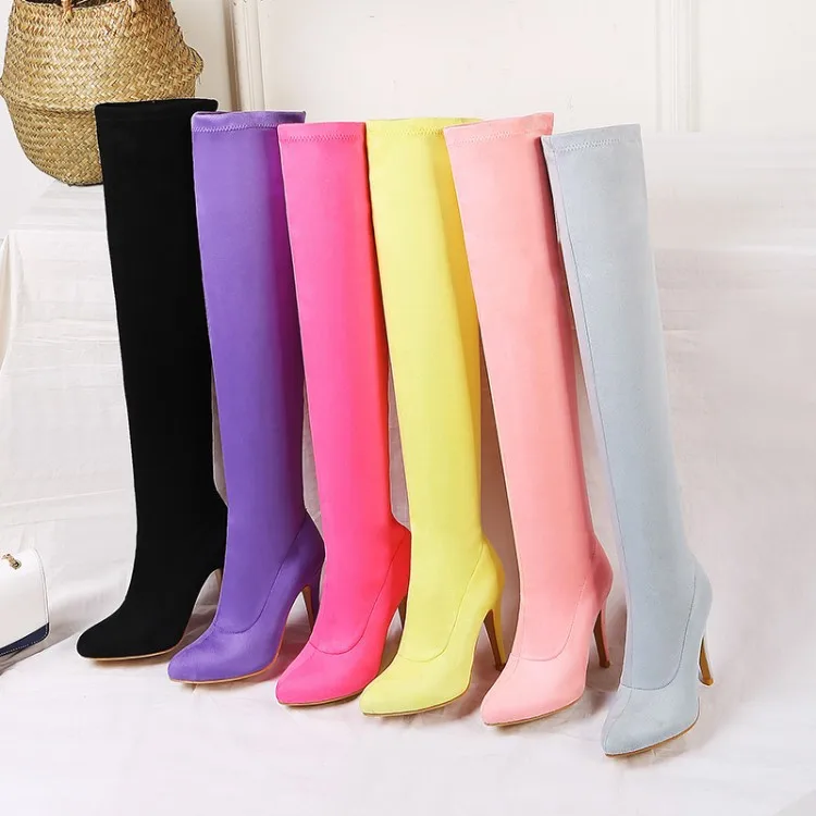 

2019 New Colours Winter Boots Women Cow Suede Over The Knee Boots High Heel Pointed Top Woman Boot Thickening Elastic Botas