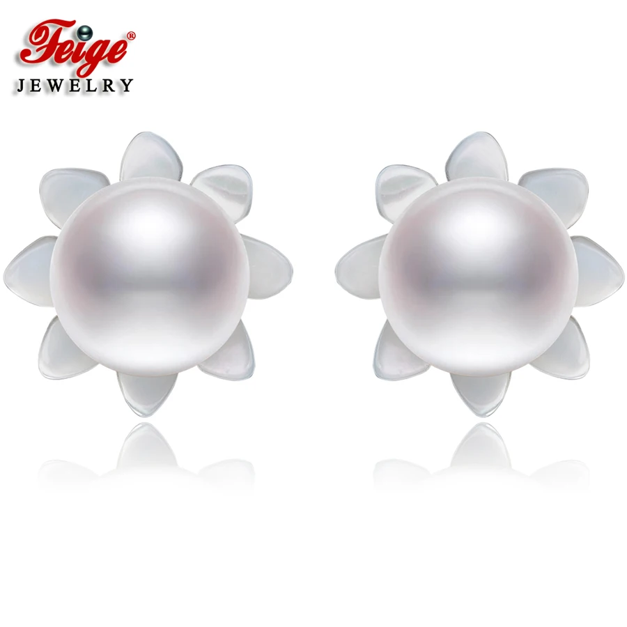 

FEIGE 6-7mm White Natural Pearls 925 Sterling Silver Stud Earrings For Women's Exclusive Design Shell Carvings Fine Jewelry