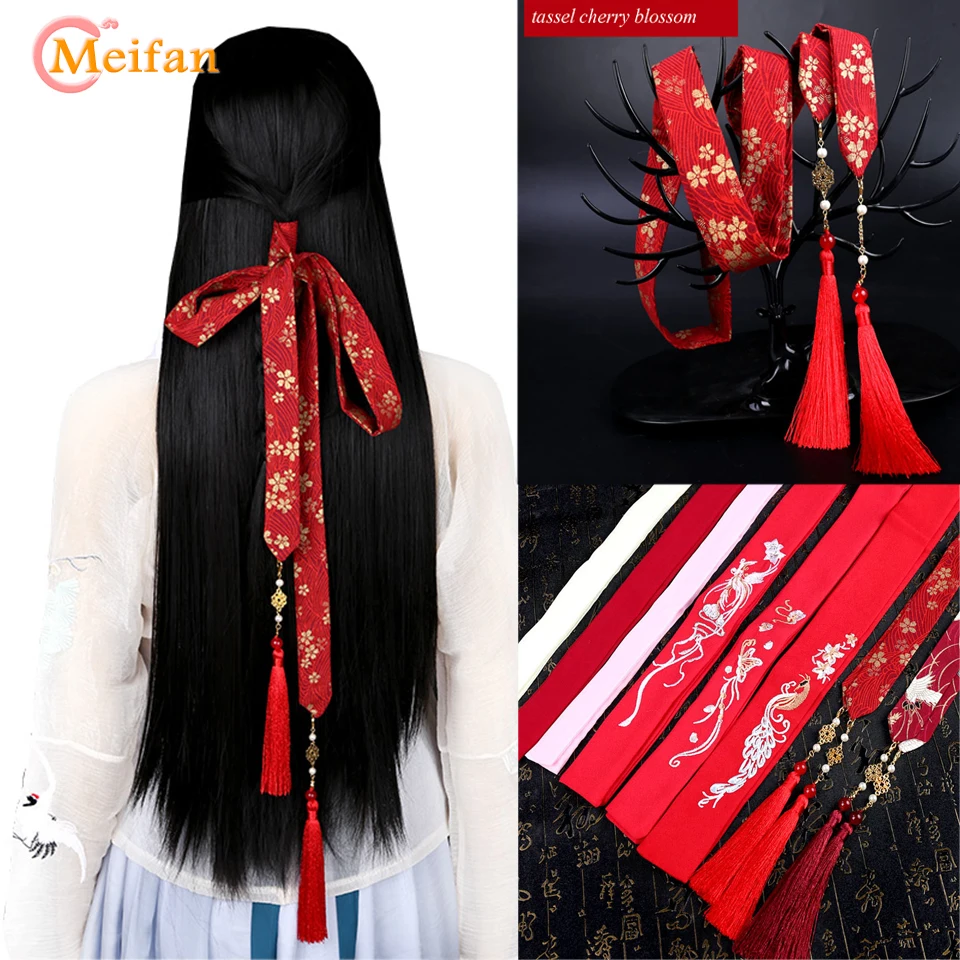 MEIFAN Китайский древний стиль вышивка лента для волос Hanfu кисточка лента для волос шифон веревка для волос традиционная заколка для волос
