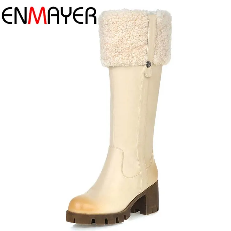 

ENMAYER New Fashion Boots for Women Round Toe Knee High Square Heel Winter boots High Heel Solid Large Size Motorcycle Boots