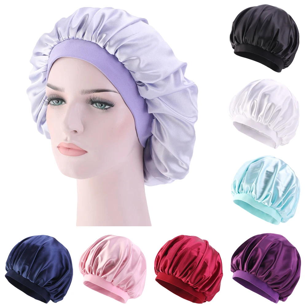 

12PCS Women Solid Sleeping Hat Nightcap Shower Bath Soft Chemo Cap Elastic Bonnet Satin Wide Brimmed Hair Care Hat Random Color