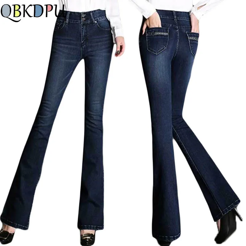 Женские Длинные Стрейчевые джинсы для мамы размера плюс, с широким подолом, Осень-зима