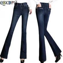 Женские Длинные Стрейчевые джинсы для мамы размера плюс, с широким подолом, Осень-зима