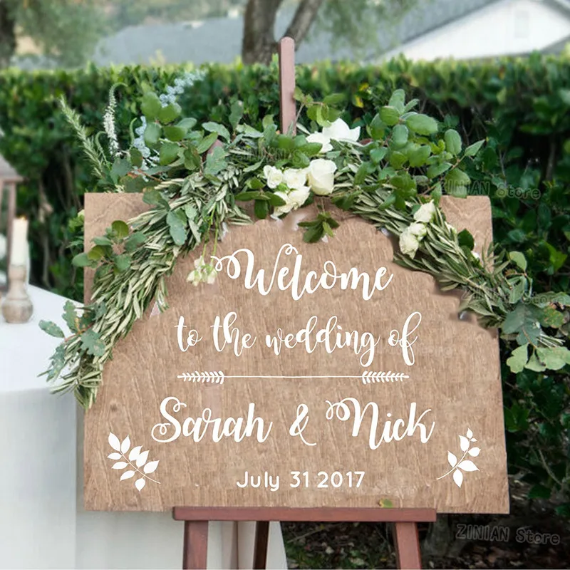 

Wedding Welcome Sign Rural Rustic Style Wall Sticker Simple Wedding Decor Personalized Name Custom Date Decor Decals LY1396