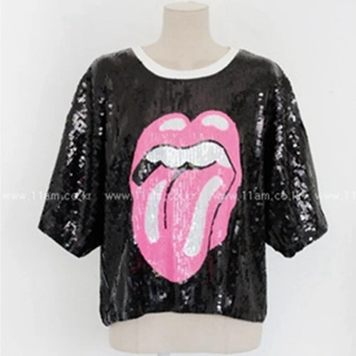 Харадзюку, женская сексуальная уличная футболка с блестками,, милая одежда для хип-хоп клуба с принтом языка, танцевальные рубашки DS, универсальные повседневные топы - Цвет: Черный
