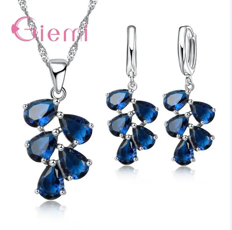 Модные очаровательные 925 пробы серебряные женские Ювелирные наборы красивые подарки для женщин-партнеров ожерелье и серьги-кольца - Окраска металла: blue
