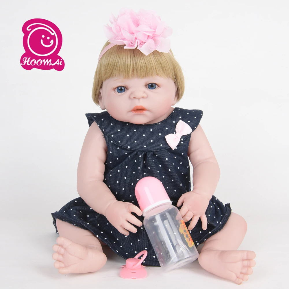 

23" Full Vinyl 57CM Silicone Doll Reborn Blue Eyes Baby Alive Newborn Dolls Girls Playmate Toy with Cow Clothes Swiming Doll