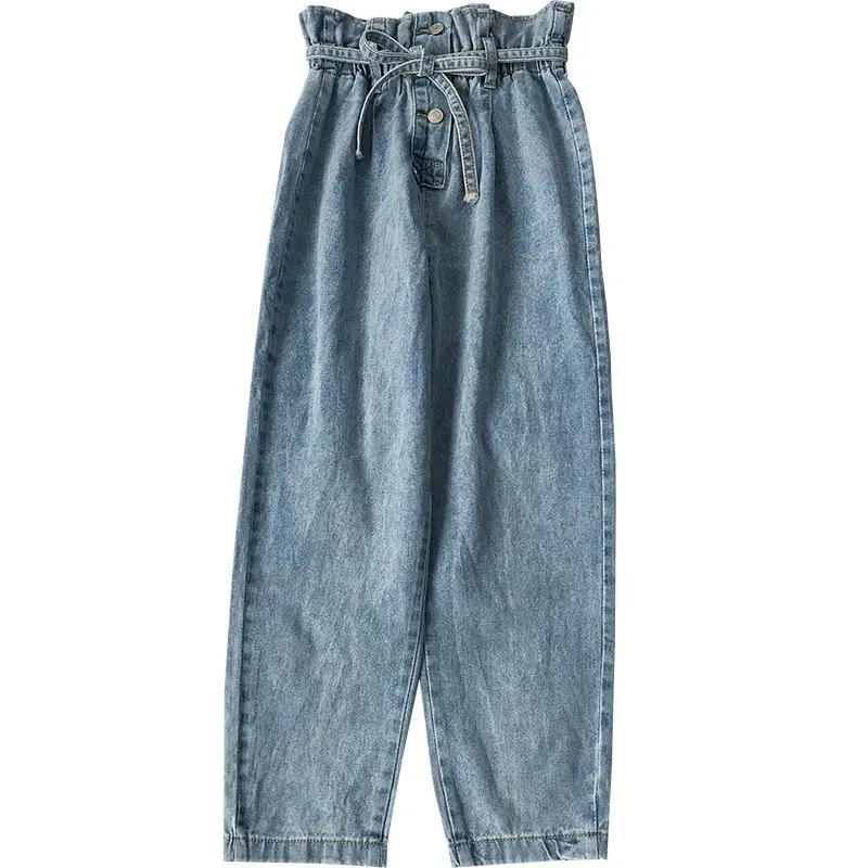 Korean Fashion Blue Jeans Woman Vintage Washed High Waist Jeans Female Casual loose Elastic Waist Pockets Denim Pants Woman Korean Fashion Blue Jeans Woman Vintage Washed High Waist Jeans Female Casual loose Elastic Waist Pockets Denim Pants Woman