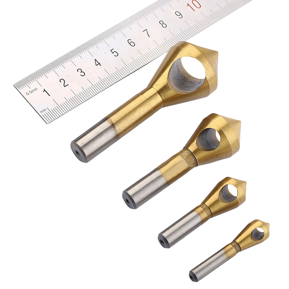 4pcs/set Titanium Coated Countersink Deburring Center Stepped Metal Drill Bits Expanding Chamfering Tools 2-5/5-10/10-15/15-20mm 4pcs/set Titanium Coated Countersink Deburring Center Stepped Metal Drill Bits Expanding Chamfering Tools 2-5/5-10/10-15/15-20mm