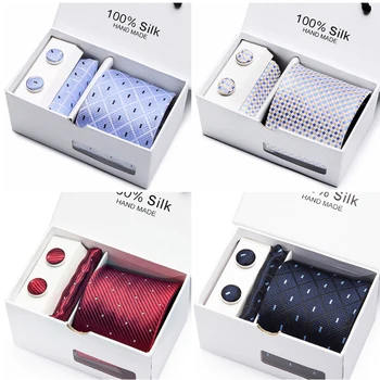 

Fashion 7.5 cm Wide Business Office Men's Wedding Party Arrow Jacquard Men Tie Handkerchief Cufflinks Gift Box group Necktie