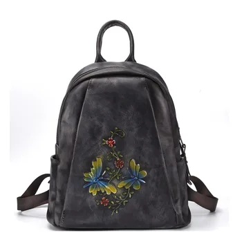 

Vintage Butterfly and Flowers Backpack Women Genuine Leather Backpack Female School Bags Natural Real Leather Back Pack New