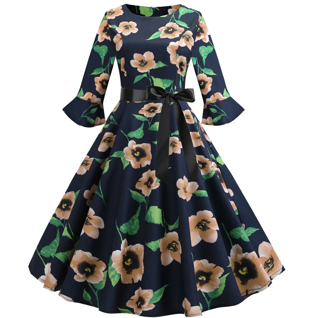 Feitong Hot Sale Designer Dress Women Three Quarter Sleeve O Neck Printing Clothes Vintage Gown