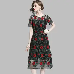 HAMALIEL летние шорты 3D платье с цветочным рисунком Винтаж Для женщин с цветочной вышивкой линия платье ретро дамы черный соблазнительное