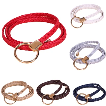 

Women Girl Colorful Weave Round Buckle Thin PU Braided Belt Retro Waistband Decoration Dress Blet