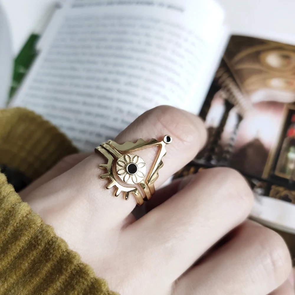 

925 Sterling Silver Geometric Black Epoxy Design 18K Gold Mountain Sunrise Ring Flower Charm Open Adjustable Resizable Rings