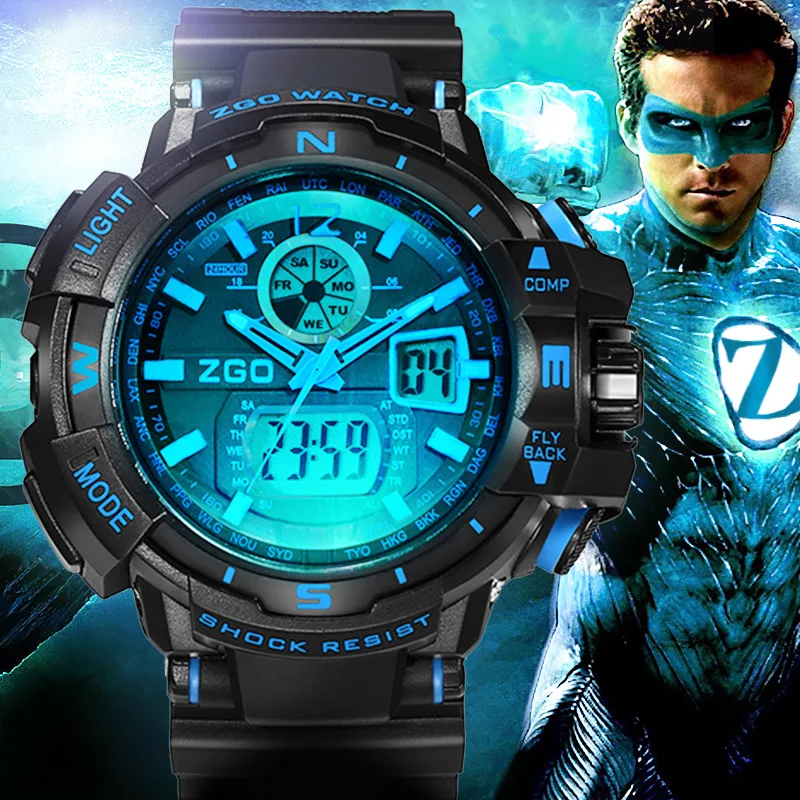 ZGO светодио дный светодиодный хронограф Dual Time часы для мужчин 5 бар водостойкие