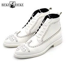 Полуботинки броги Tip мужские белые ботильоны ручной работы из натуральной кожи Высокие мотоциклетные ботинки мужские с острым носком туфли дерби