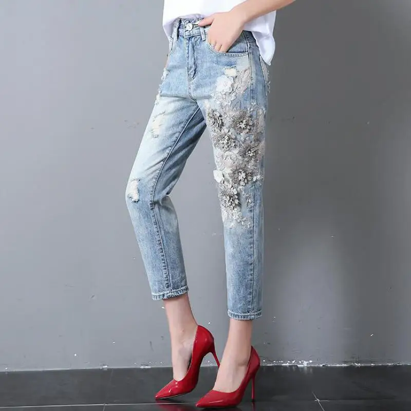 

Korean Style Summer Casual Women Loose Low Waisted Embroidery Applique Denim Trousers , Woman Ripped Beads Hole Jeans Pants