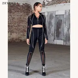 ZKYZWX уличная Лоскутная спортивный костюм женские 2 шт. наборы для ухода за кожей молния укороченный топ + брюки девочек наряды спорти
