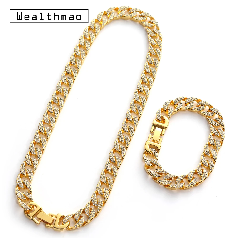 

Men Hip hop Iced Out Bling Full Rhinstones Chains Gold Silver Long CZ Necklace Miami Cuban Chain Link Necklaces Bracelet Jewelry