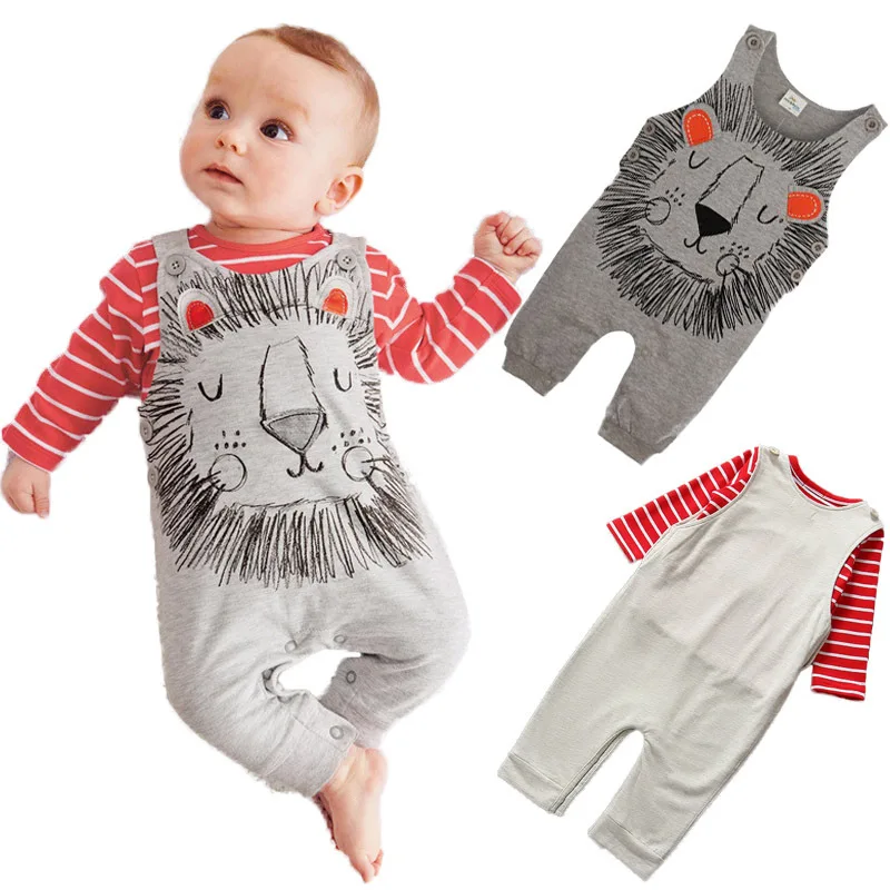 Animal Romper Set Autumn Cotton Overalls Girls Striped T shirt+Lion Printed Jumpsuits Newborn