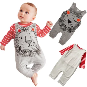 

Animal Romper Set Autumn Cotton Overalls Girls Striped T-shirt+Lion Printed Jumpsuits Newborn Baby Boy Clothes Animal Romper Set