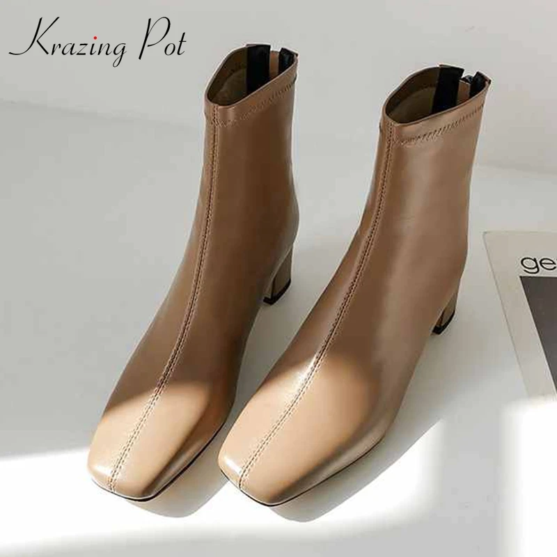 Krazing vaso di 2020 del cuoio genuino med tacco Autunno Inverno della chiusura lampo di stile conciso punta quadrata moderna occidentale Britannico Chelsea stivali l53|Stivaletti| - AliExpress