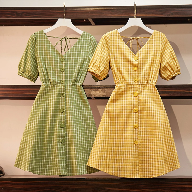 

2019 Casual Summer Mini Dress Women V neck Short Sleeve Button Plaid Dresses Preppy Style Plus Size Beach Dress robe femme