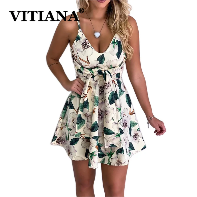 VITIANA, женское пляжное вечернее платье, лето, женское, элегантное, с открытой спиной, с принтом, на бретельках, Империя, бант, сексуальное короткое Бандажное платье