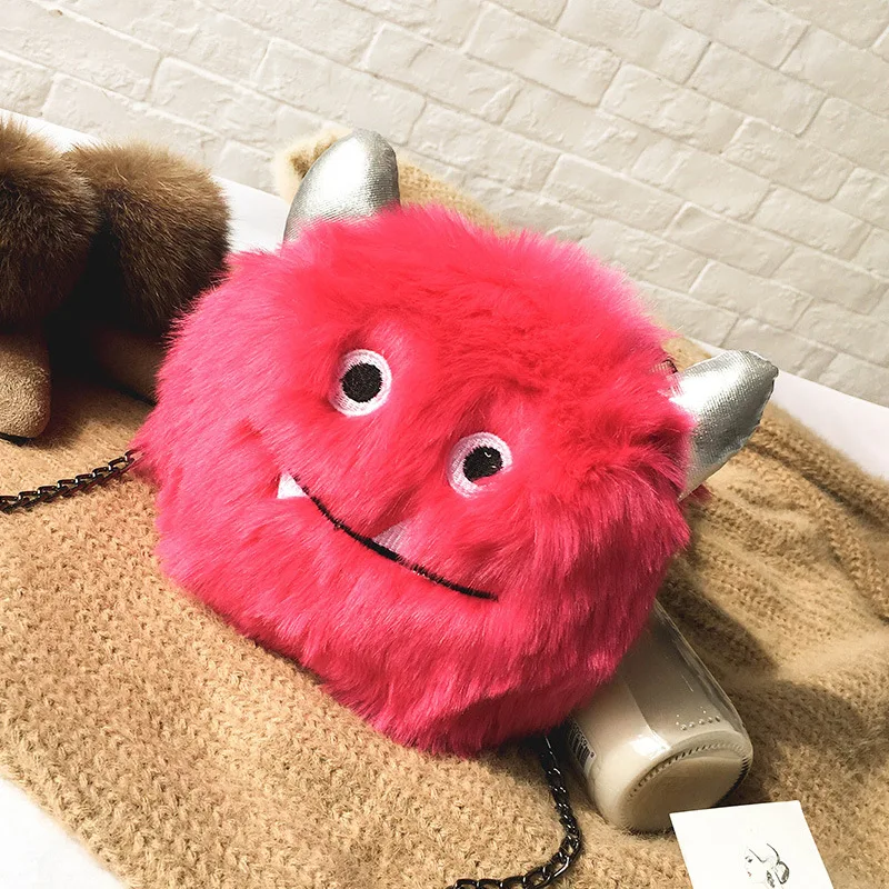 

Fashion Carton Little Monster Shoulder Bag Women Leather Messenger Small Bag Faux Fur Pink Black Girls Furry Chain Crossbody Bag