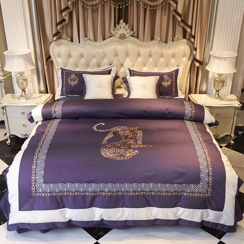 Egyptian Cotton Tiger Embroidered Luxury Purple Bedding Set 4 6pcs