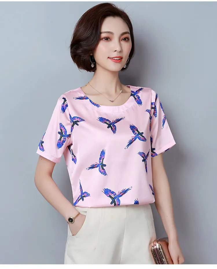 New Summer Tops Ladies 2018 Fashion Birds Print Blouses Women Short Sleeve Chiffon Blouse Shirt Casual Large Size Blusa Mujer Ete (8)
