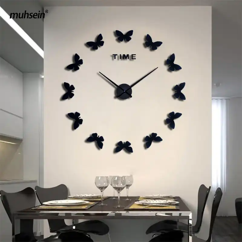 Novedad De 2020 Pegatinas De Pared De Muhsein Para Decoracion Del Hogar Poster Diy De Europa Adhesivo 3d Grande De Acrilico Reloj De Pared De Naturaleza Muerta Mariposa De Caballo Reloj Mariposa Reloj De