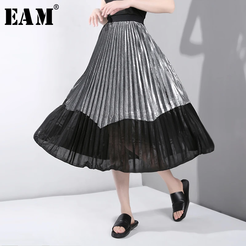 

[EAM] 2019 New Spring Summer High Elastic Waist Hit Color Mesh Sttich Perspective Pleated Half-body Skirt Women Fashion F8