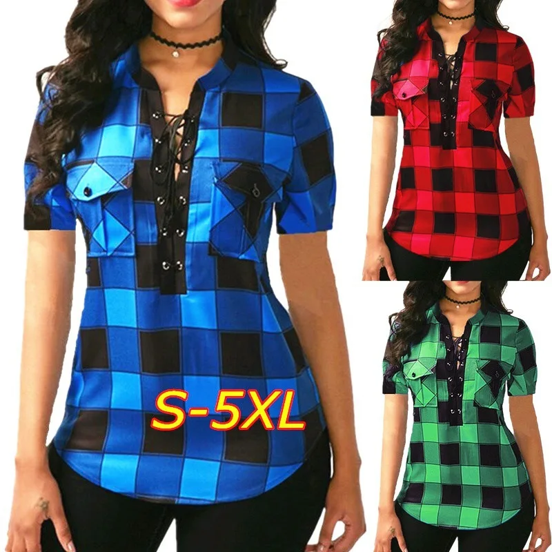 

Women Plaid Shirts 2018 Summer Short Sleeve Blouses Shirt Office Lady Cotton Lace Up Tunic Casual Tops Plus Size Blusas 5XL